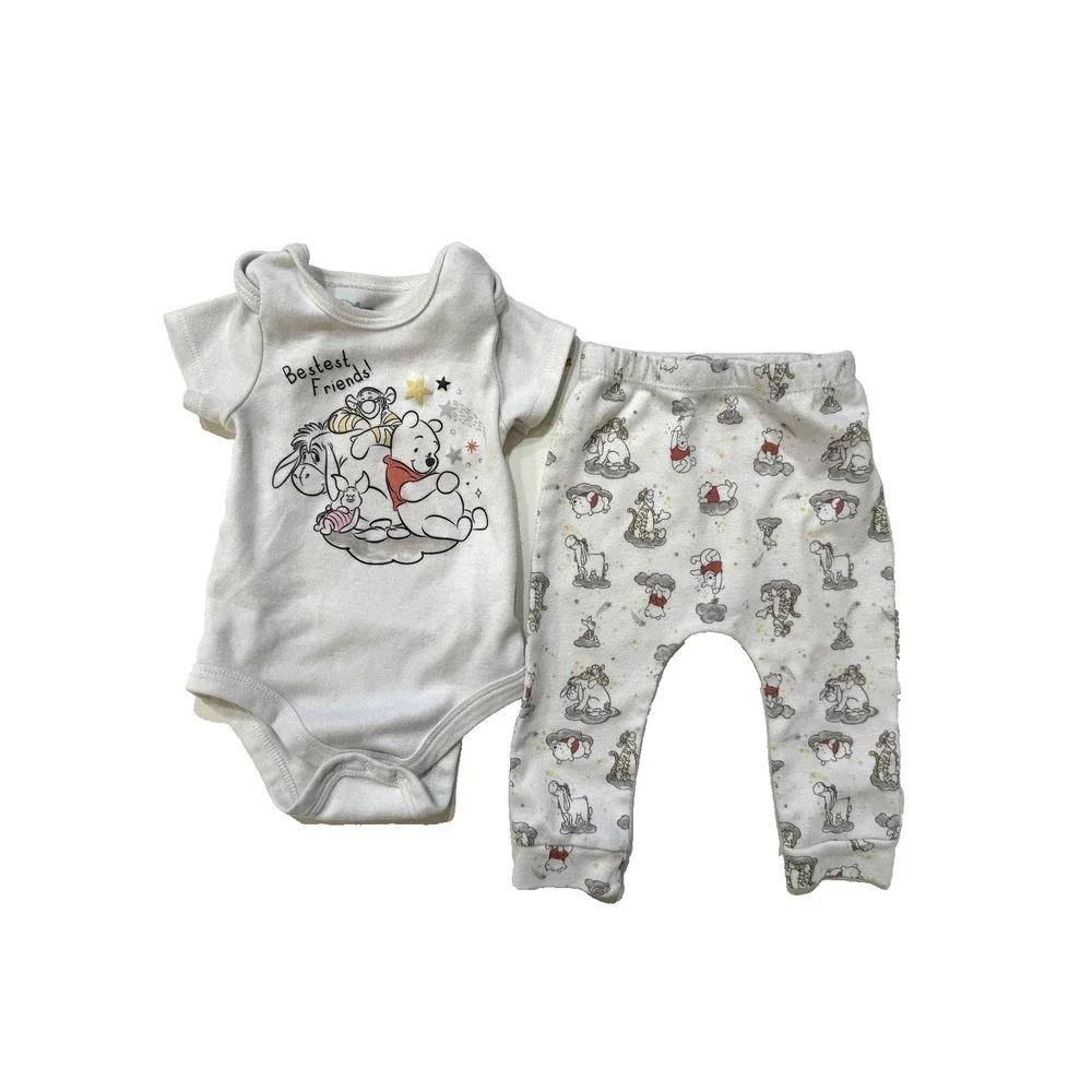 Disney Baby Winnie the Pooh Outfit Infant 6-9M White‎ Gray Bodysuit Pants Set